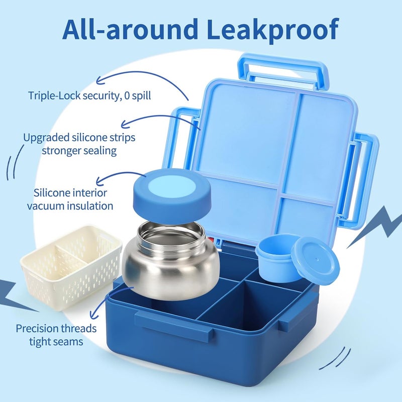 Norxely Bento Box for Kids with Thermos, [Large Capacity] Insulated Kids Lunch Box with 4 Compartment for Ages 3+, Drop-Proof & Dishwasher Safe Lunchbox Container Blue - Image 5